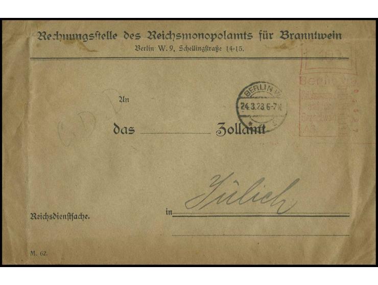 "100" M., Absenderfreistempel-Vorläufer des Reichsmonopolamts für Branntwein auf Brief von "BERLIN 24.3.23" nach Jülich, übli