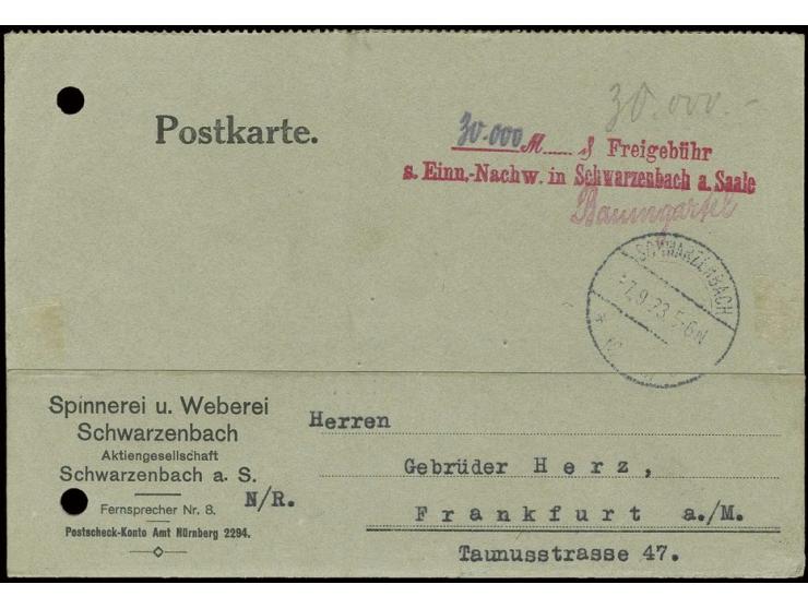 "Baumgärtel", Postmeister-L1 in rot auf Firmenpostkarte mit rotem L2 "...M...Pf. Freigebühr s. Einn.-Nachw. in Schwarzenbach 