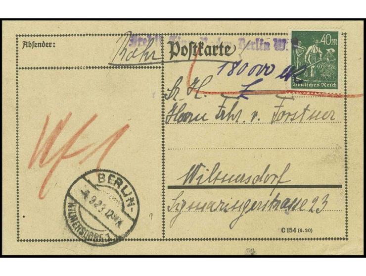 "Frei lt. Einn. Nachw. Berlin W. 8", violetter L1 als Barfreimachung über 180.000,- M. auf Ortskarte mit Schnitter 40 M. aus 