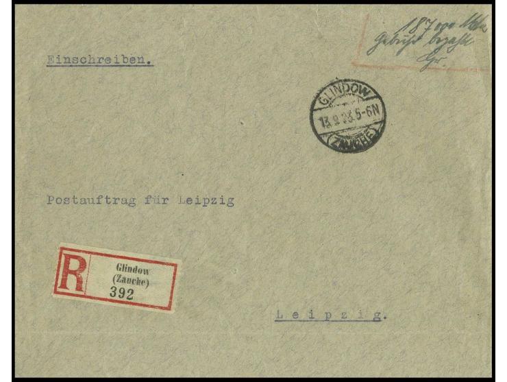 eingeschriebener Postauftrag mit handschriftlicher Barfrankatur über 187.000,- M. von "GLINDOW 13.9.23" nach Leipzig mit Anku