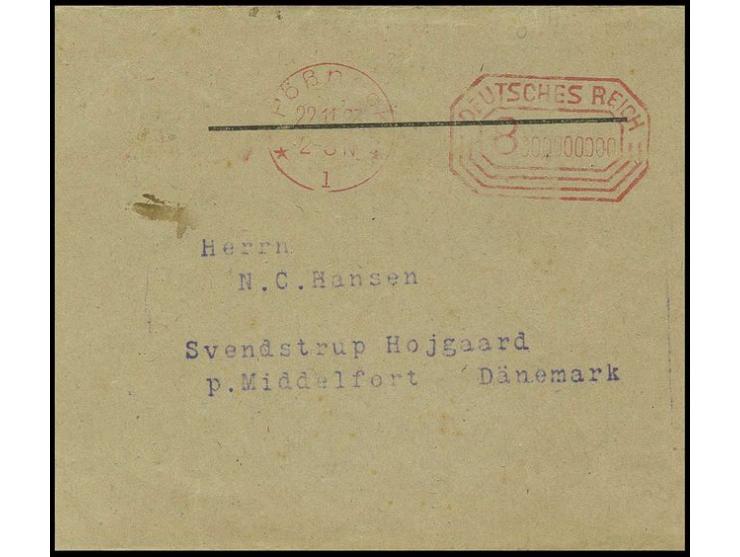 "8000.000.000." M., Postfreistempel vorder- und rückseitig auf Auslands-Drucksachenstreifband (geöffnet) von "Pößneck 22.11."