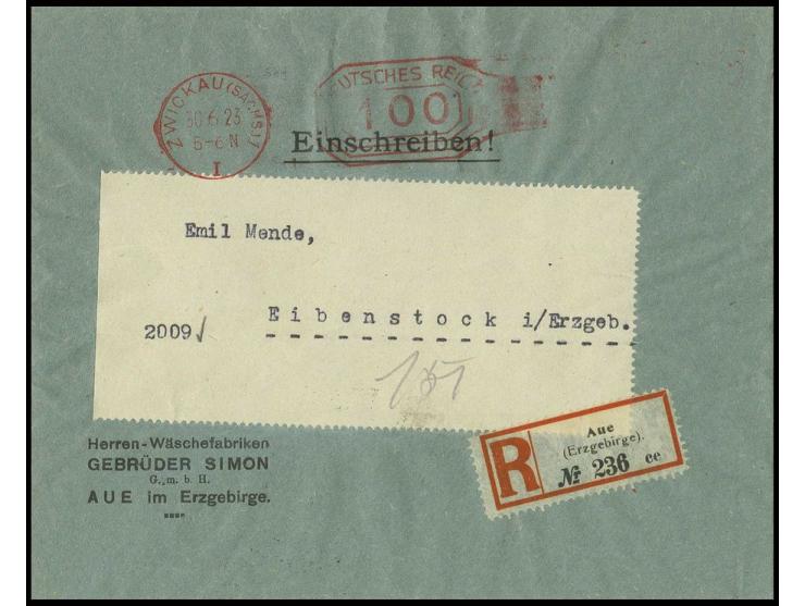 "100" M., Postfreistempel auf R-Drucksachenumschlag von "ZWICKAU 30.6.23" nach Eibenstock mit Ankunftsstempel