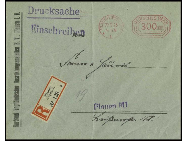 "300.000" M., Postfreistempel auf R-Drucksachenumschlag von "PLAUEN 29.9.23" im Ortsverkehr, Faltspuren