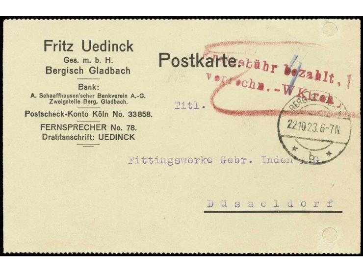 "Freigebühr bezahlt / verrechn.- W Kirch", roter L2 auf Karte von "BERG. GLADBACH 22.10.23" nach Düsseldorf, bis auf geschlos