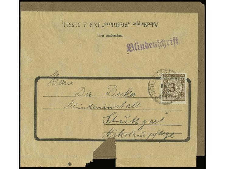 1923, Rentenwährung 3 Pfg. als portogerechte Einzelfrankatur auf Blindenschrift-Sendung (Klappkarte mit Brailleschrift) von "