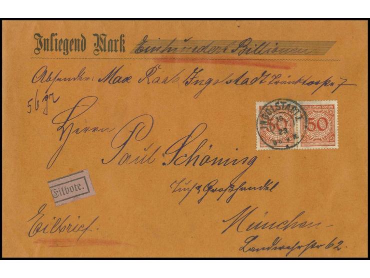 50 Pfg. im waagerechten Paar auf Eilboten-Wertbrief von "INGOLSTADT 10.12.23" nach München mit Ankunftstempel, als Mehrfachfr