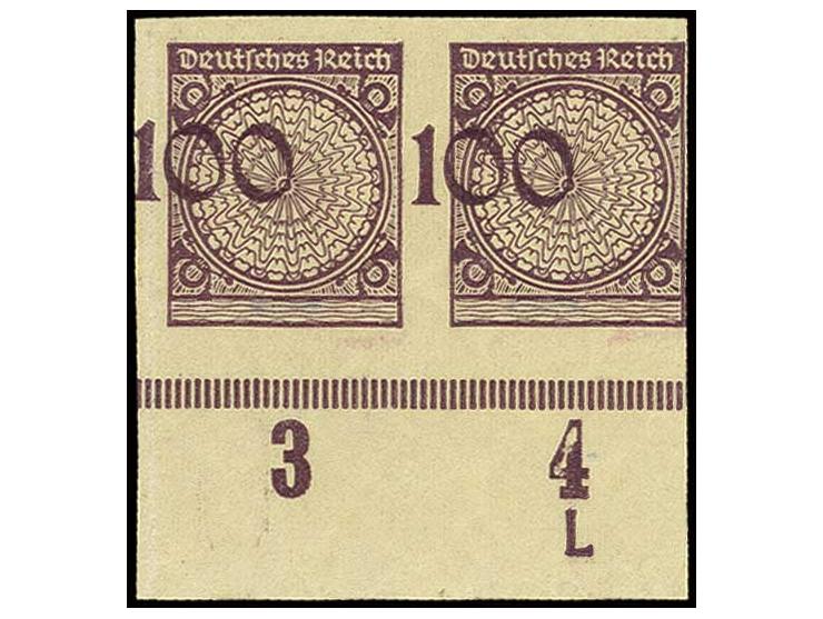 100 Pfg., waagerechtes Unterrandpaar, ungezähnt mit verschobenem Wertaufdruck, ungebraucht, die linke Marke mit Bugspur im Au
