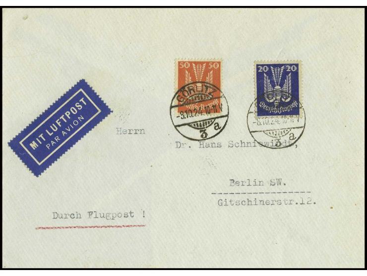 20 Pfg. mit 50 Pfg., jeweils gestempelt "GÖRLITZ 8.10.24" auf überfrankiertem Flugbrief nach Berlin, Pracht, sign. Schlegel A