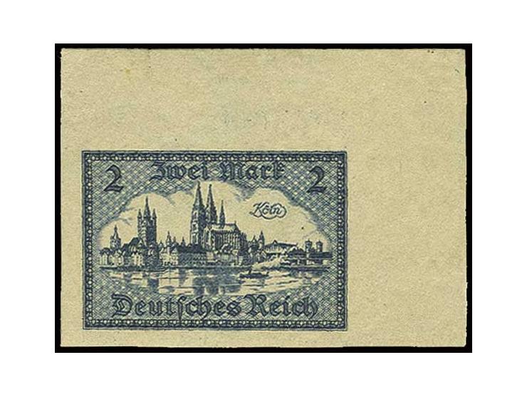 Alt-Köln 2 M. ungezähnt mit rechts und oben breiten Bogenrändern, mit Vierpaß Wasserzeichen, postfrisch, senkrechte Papierfal