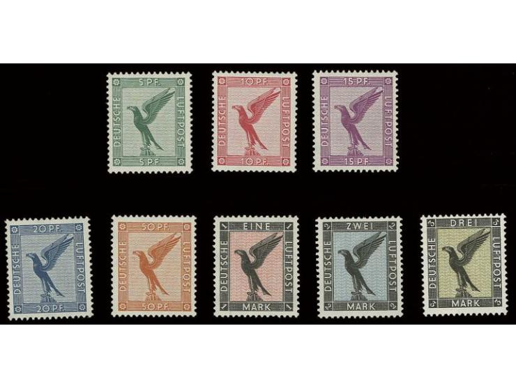 1926, Flugpost Adler 5 Pfg. - 3 M. kpl., postfrisch, 2 M. schwache Fingerspur, sonst Kabinett (Mi. 1.200,-)