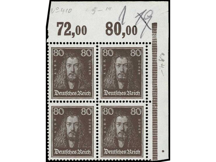 3-80 Pfg. kpl. (ohne Mi.-Nr. 387) in Oberrand- bzw. Eckrand-Viererblocks, postfrisch, teils angetrennt bzw. Rand mit Falz, ei