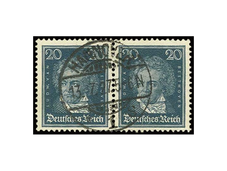 20 Pfg. mit Wz. liegend im waagerechten Paar mit zentrischem Stempel "HANNOVER 13.7.27", in der Zähnung gefaltet und einige v