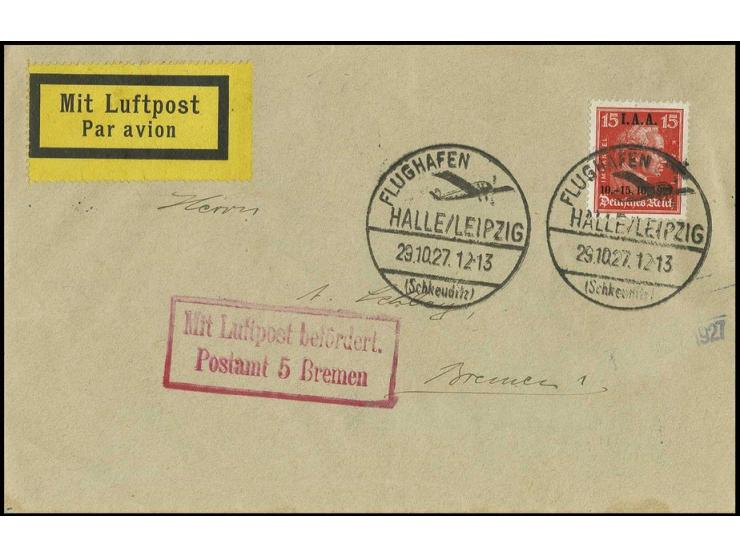 1927, I.A.A. 15 Pfg. als portogerechte Einzelfrankatur auf Luftpost-Drucksachenumschlag von "HALLE/LEIPZIG FLUGHAFEN 29.10.27