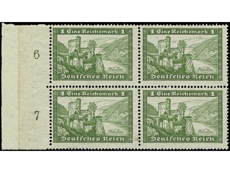 Unverausgabte Burg Rheinstein 1 RM. grün im 4er-Block vom linken Bogenrand, farbfrisch und überwiegend gut gezähnt, nur oben 