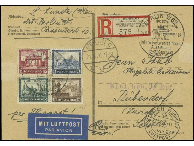 8-50 Pfg., Herzstück kpl. mit Sonderstempel auf R-Flugkarte mit Sonder-R-Zettel nach Zürich mit violettem L1 "Einl. Geb. Rpf.