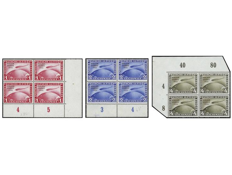 1931, Polarfahrt 1-4 M. im Viererblock, dabei 1 M. aus der rechten unteren Bogenecke (dort Falz), 2 M. mit Unterrand und 4 M.