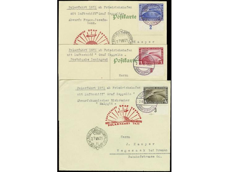 1 - 4 M. kpl., jeweils Unterrandstück auf drei Karten der Polarfahrt nach Leningrad bzw. Malyguin, 2 M. oben ein kurzer Zahn 