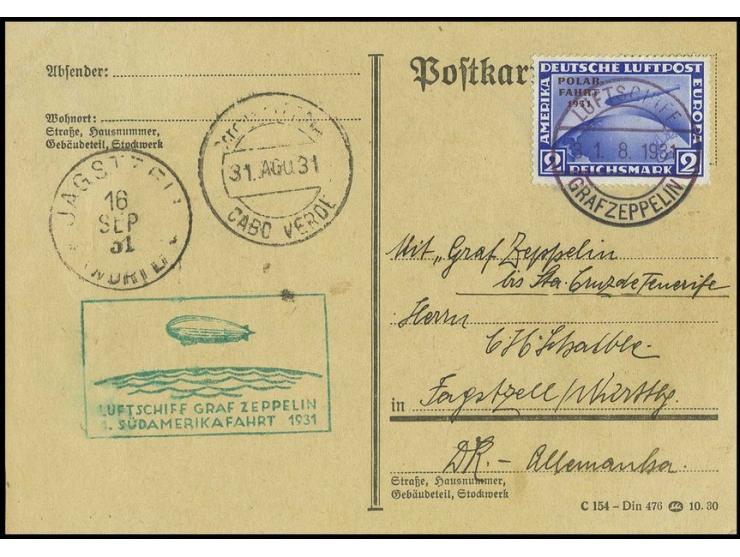 2 M. mit Bordpoststempel auf Zeppelin-Karte der 1. Südamerikafahrt 1931, Pracht (Mi. 430,-)
