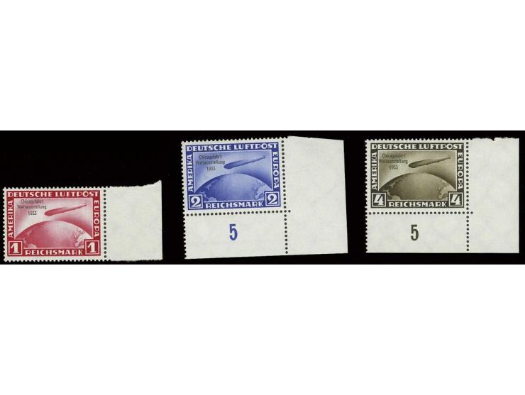 Chicagofahrt 1 - 4 M. kpl., 1 M. rechtes Randstück, 2 und 4 M. rechte untere Eckrandstücke, postfrisch, 1 M. oben kleine Zahn
