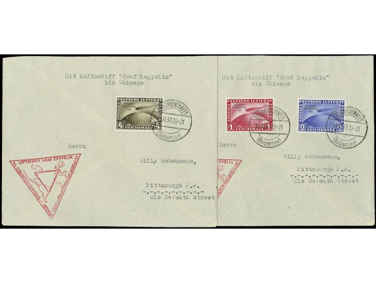 1 - 4 M. kpl., 2 und 4 M. leichte Randverkürzungen, auf zwei Briefen der Chicago-Fahrt nach USA (Mi. 1.600,-)