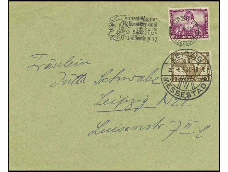 3-40 Pfg. kpl. mit jeweils Sonderstempel "LEIPZIG GRUNDSTEINLEGUNG RICHARD-WAGNER-NATIONAL-DENKMAL 6.3.34" auf 7 philatelisti