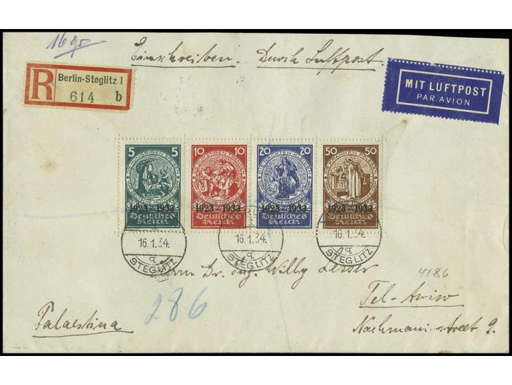 dito, formatverkleinert mit Stempel "BERLIN-STEGLITZ 16.1.34" auf portogerechtem R-Flugpostbrief, dabei der Block als Briefvo