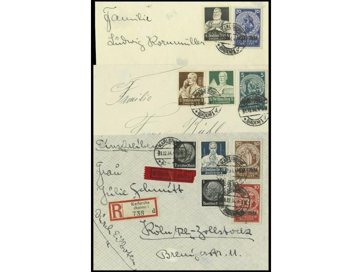 5-50 Pfg. kpl. auf 3 Briefvorderseiten bzw. Briefteilen mit Zufrankaturen von Karlsruhe, Pracht (Mi. 1600,-)
