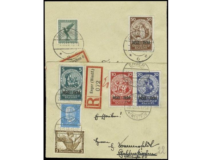 5-50 Pfg. kpl. auf zwei R-Briefen mit Zufrankatur von "ENGER 29.12.33" bzw. "GELSENKIRCHEN 1.12.33", jeweils mit Ankunftsstem