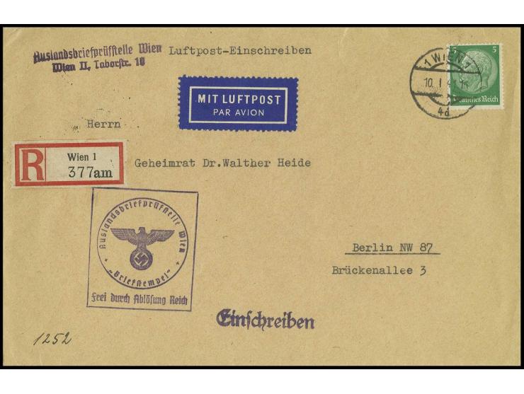 Hindenburg mit Wz. 4: 5 Pfg. für die Luftpostgebühr auf sonst portofreiem R-Brief "Frei durch Ablösung Reich" von "WIEN 10.1.
