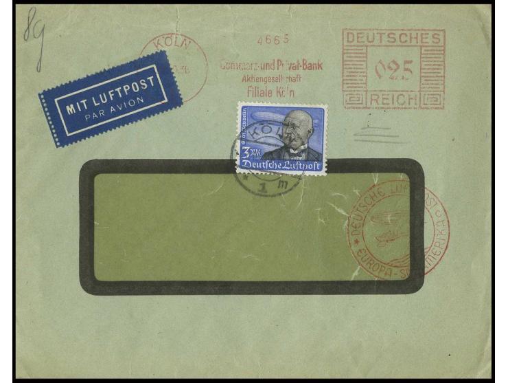 3 M. mit  Absenderfreistempel 25 Pfg. auf Luftpost-Fensterbrief (leichte Randmängel) von "KÖLN 27.10.36" nach Südamerika, Fot