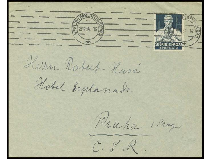 20 Pfg. als portogerechte Einzelfrankatur auf Auslandsbrief von "BERLIN-CHARLOTTENBURG 25.12.34" nach Prag, Marke unten mit B