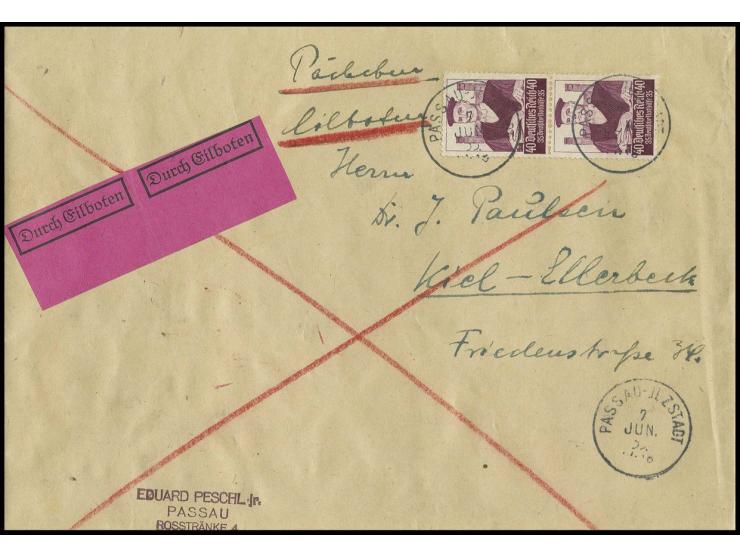 40 Pfg. im senkrechten Paar als portogerechte Mehrfachfrankatur auf Eilboten-Päckchen-Adresse von "PASSAU 7.6.35" nach Kiel-E