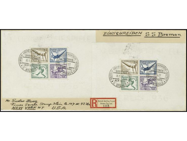Olympia-Block 3-40 Pfg., 2 Stück mit Schiffspost-Stempel "DASP BREMEN-NEW YORK D.BREMEN 26.1.37" auf R-Brief mit entsprechend