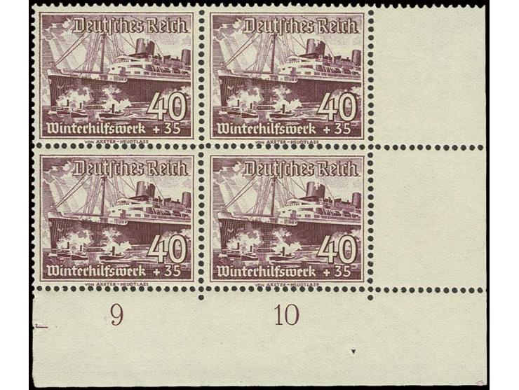 1937, WHW 3-40 Pfg. kpl. in 4er-Blocks aus Bogenecken bzw. 15 Pfg. im 4er-Streifen vom Bogenrand, postfrisch, 5 Pfg. Rand ges