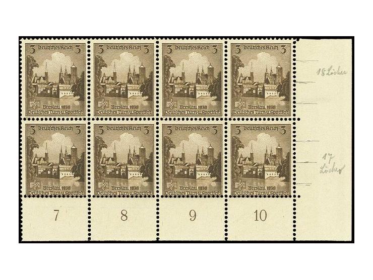 1938, Turnfest 3 Pfg. im waagerechten 8er-Block aus der rechten unteren Bogenecke, dabei die untere Markenreihe mit nur 17 st