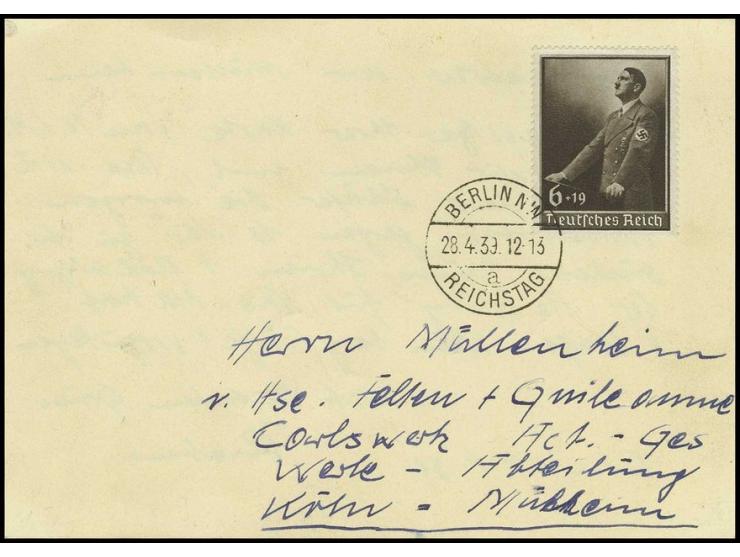 1999, Tag der Arbeit 6 Pfg. mit Ersttagsstempel "BERLIN REICHSTAG 28.4.39" auf Bedarfskarte nach Köln (Mi. 250,-)