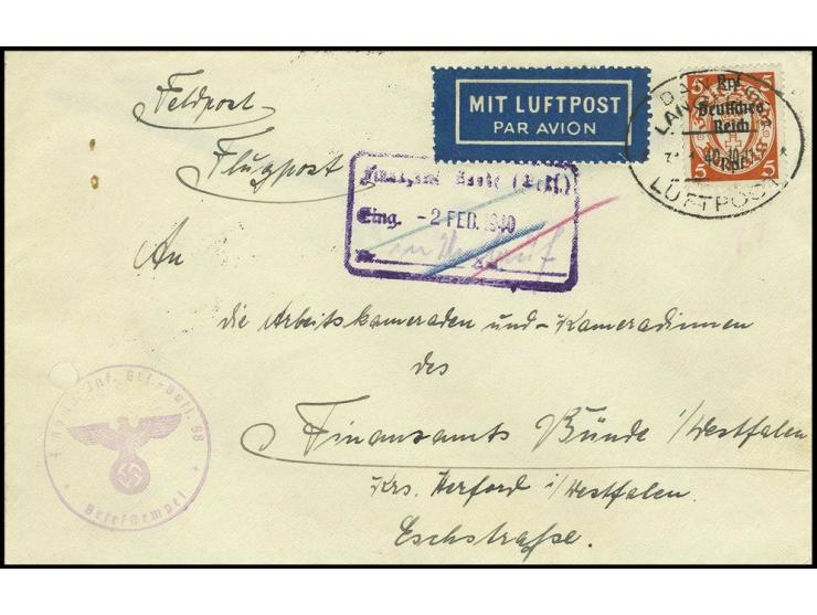 Danzig Abschied 5 Pfg. als Luftpostgebühr auf sonst portofreiem Feldpostbrief von "DANZIG-LANGFUHR LUFTPOST 31.1.40" an das F