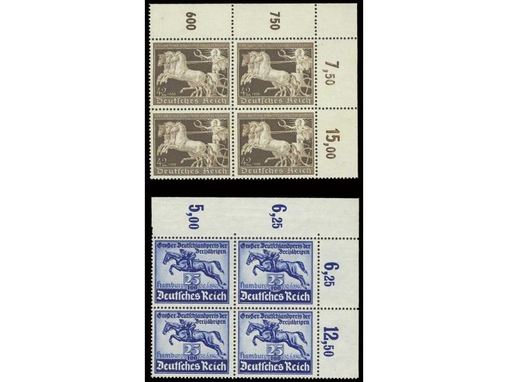 1940, Blaues Band 25 Pfg. und Braunes Band 42 Pfg. jeweils im 4er-Block aus der rechten oberen Bogenecke, postfrisch mit Falz