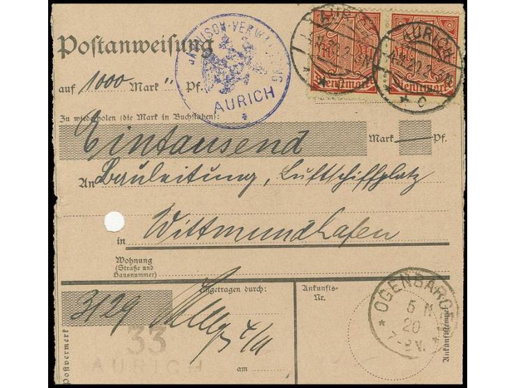 1 M. im waagerechten Paar auf Postanweisung über 1000 M. von "AURICH 4.11.20" nach Wittmundhafen, rechte Marke mit minimaler 
