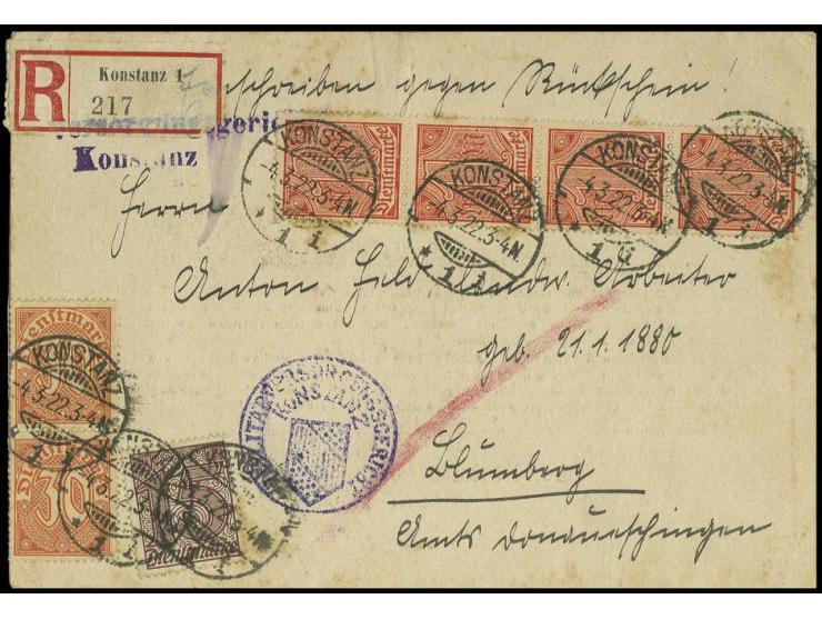1 M. im senkrechten Viererstreifen mit portogerechter Zusatzfrankatur auf eingeschriebener Rückschein-Karte von "KONSTANZ 4.3