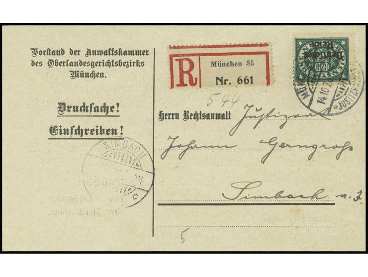 Bayern Abschied 60 Pfg. als portogerechte Einzelfrankatur auf eingeschriebener Drucksachenkarte von "MÜNCHEN-JUSTIZPALAST 14.