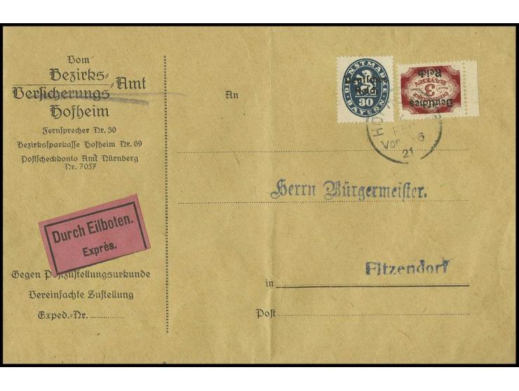 3 M. und 30 Pfg. auf Eilboten-Zustellungsurkunde von "HOFHEIM 4.2.21" nach Fitzendorf, Landzustellbereich von Burgpreppach, l