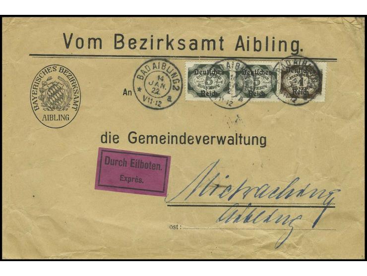5 M. (2) und 1 M. auf Eilboten-Brief von "BAD AIBLING 14.1.22" nach Mietraching im eigenen Landzustellbezirk, Umschlag Knitte
