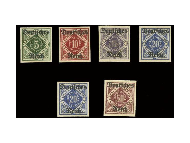 Württemberg Abschied 5-50 Pfg. ungezähnt, dabei 20 Pfg. mit beiden Wasserzeichen, postfrisch, 20 Pfg. mit Wz. Ringe mit herst