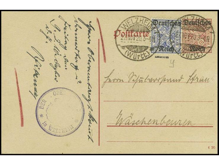 20 Pfg. mit Wz. Ringe als Zusatz auf Ganzsachenkarte 10 Pfg. (Marke gelöst und mit Falz befestigt), gestempelt "WELZHEIM 27. 