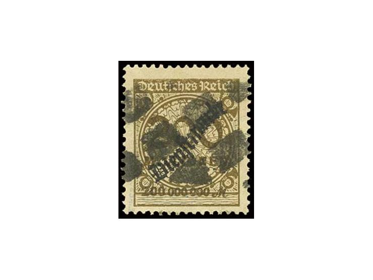 1923, 200 Mio. M. olivbraun mit typischer Grobsendungsstempel-Entwertung von Barmen, bis auf eine vorderseitige Farbfehlstell