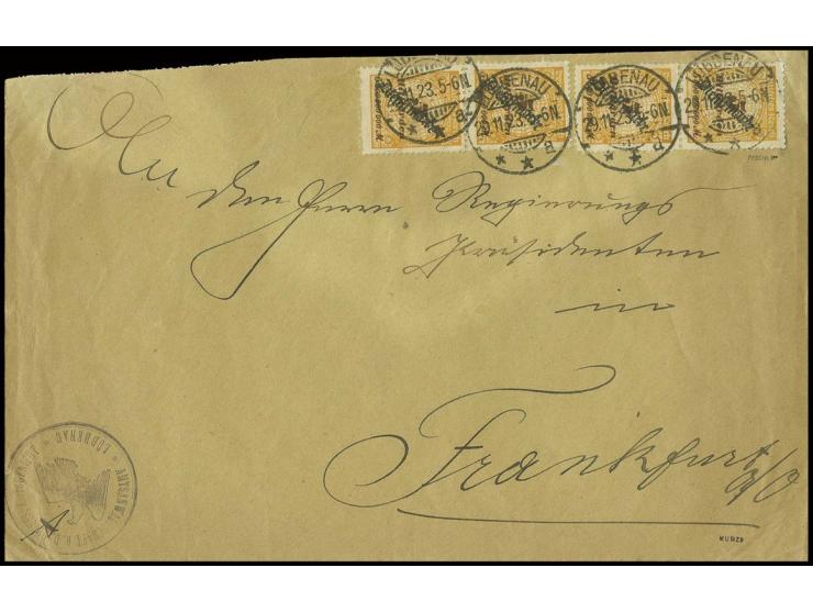 5 Mrd. M., zwei senkrechte Paare auf Brief von "LÜBBENAU 29.11.23" nach Frankfurt, Umschlag oben durch das Öffnen etwas verkü