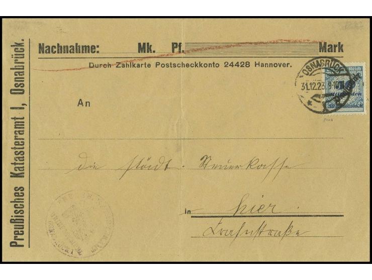50 Mrd. M. als portogerechte Einzelfrankatur auf Ortsbrief aus "OSNABRÜCK 31.12.23", Umschlag mit Mittelbug und links minimal