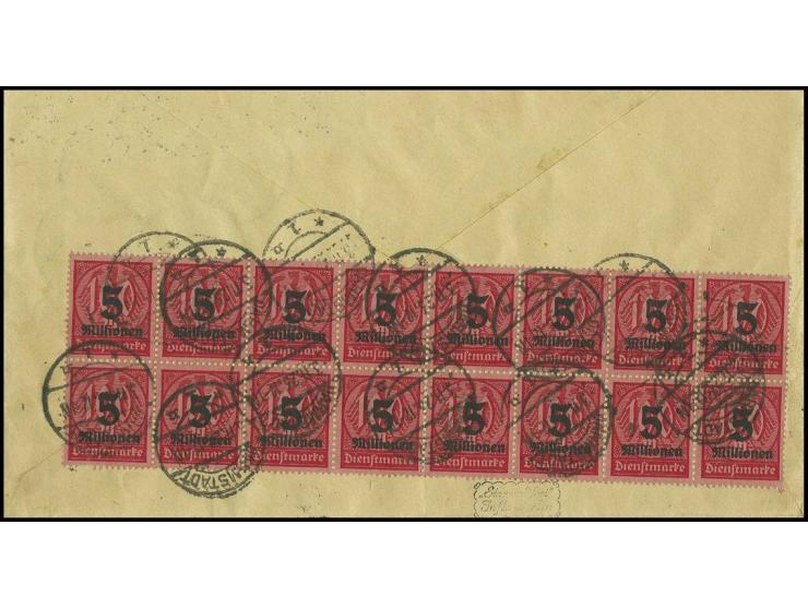 5 Mio. auf 100 M., Viererblock und senkrechter 16er-Block rückseitig auf Dienstbrief von "DARMSTADT 3.11.23" nach Frankfurt, 