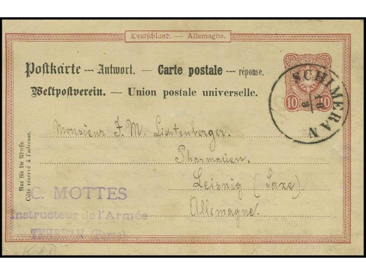 1886/87, Antwortkarte 10 Pfg. (links etwas beschnitten), gestempelt "SCHIMERAN 18.8.", geschrieben in Teheran 11.8.87 nach Le